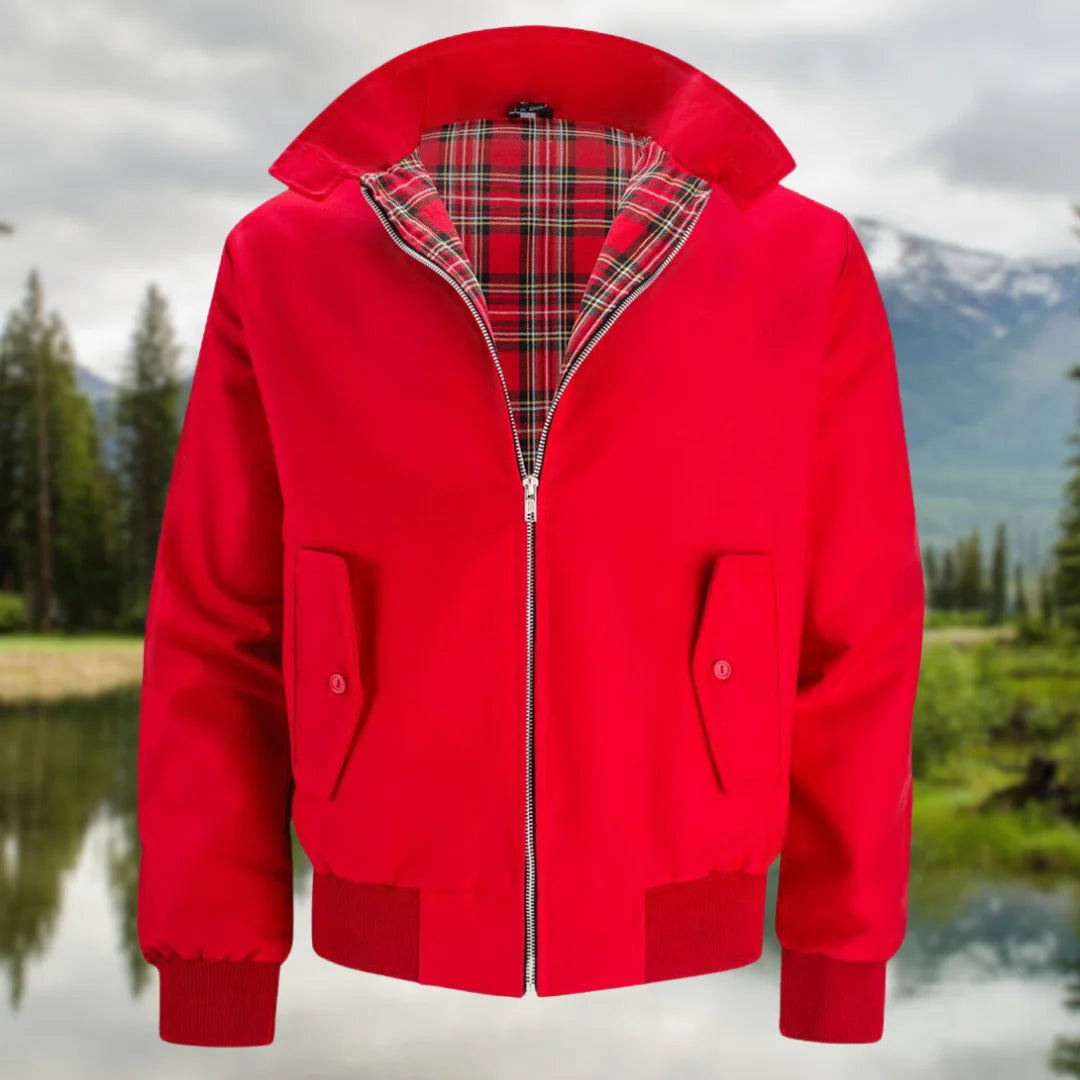 Red Men's Harrington Jacket with Tartan Lining & Zip-Front Closure