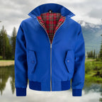 Royal Blue Men's Harrington Jacket with Tartan Lining & Zip-Front Closure
