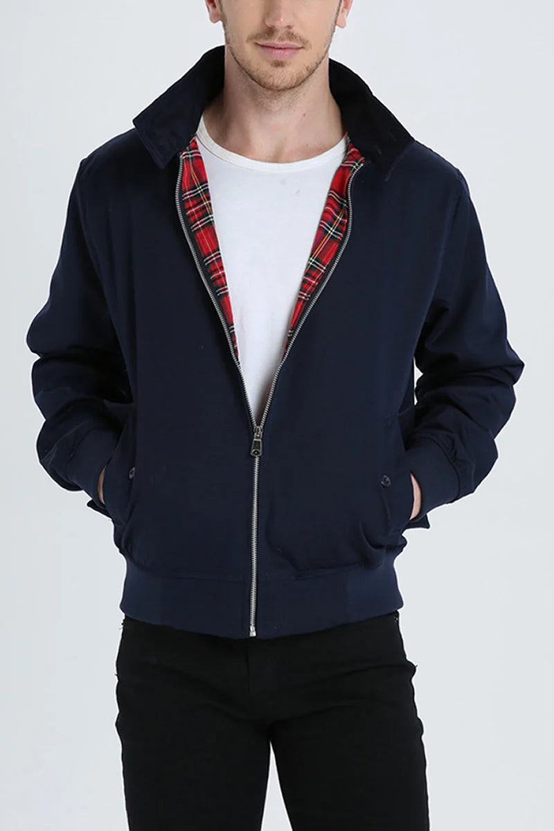 Men's Harrington Jacket with Tartan Lining & Zip-Front Closure