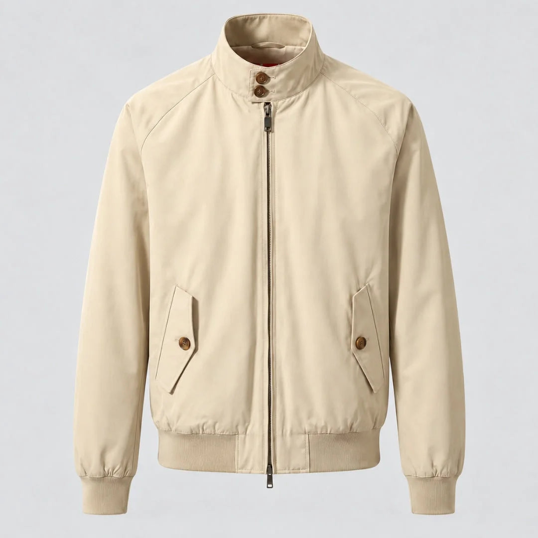 Beige Men's Harrington Jacket with Stand Collar & Elasticated Cuffs