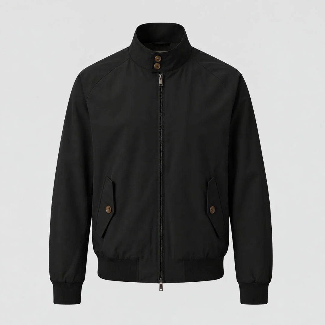Black Men's Harrington Jacket with Stand Collar & Elasticated Cuffs