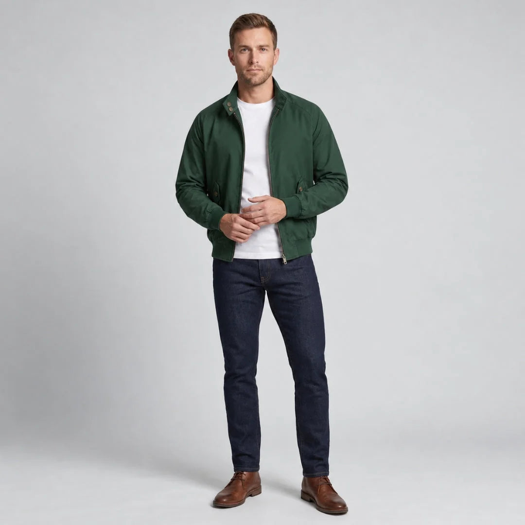 Men's Harrington Jacket with Stand Collar & Elasticated Cuffs - Worn Lifestyle Front