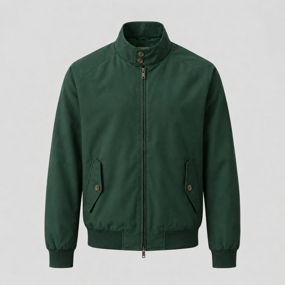 Green Men's Harrington Jacket with Stand Collar & Elasticated Cuffs