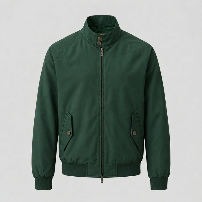 Green Men's Harrington Jacket with Stand Collar & Elasticated Cuffs