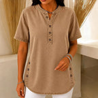 Brown Women's Henley Top — Nell Button-Front Mandarin Collar Tunic - Studio Front