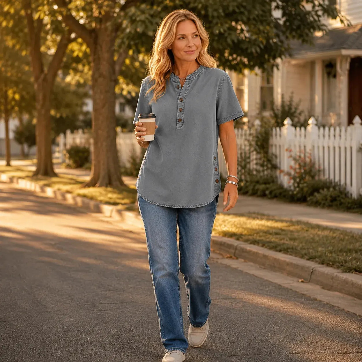 Denim Women's Henley Top — Nell Button-Front Mandarin Collar Tunic - Street Walk