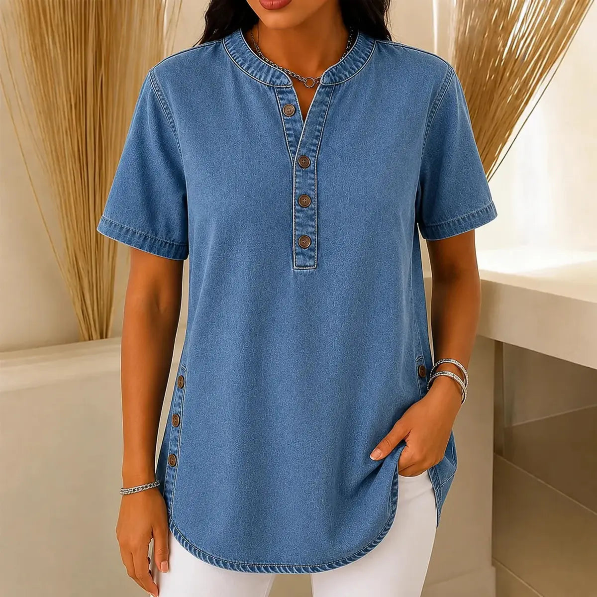 Denim Women's Henley Top — Nell Button-Front Mandarin Collar Tunic - Studio Pose
