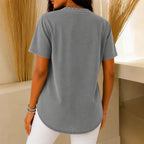 Gray Women's Henley Top — Nell Button-Front Mandarin Collar Tunic - Back View