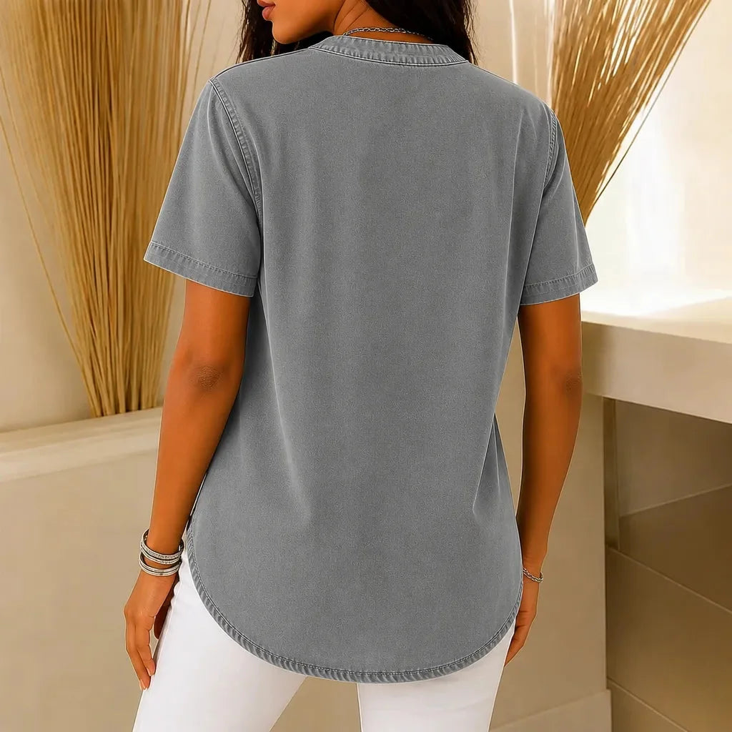 Gray Women's Henley Top — Nell Button-Front Mandarin Collar Tunic - Back View