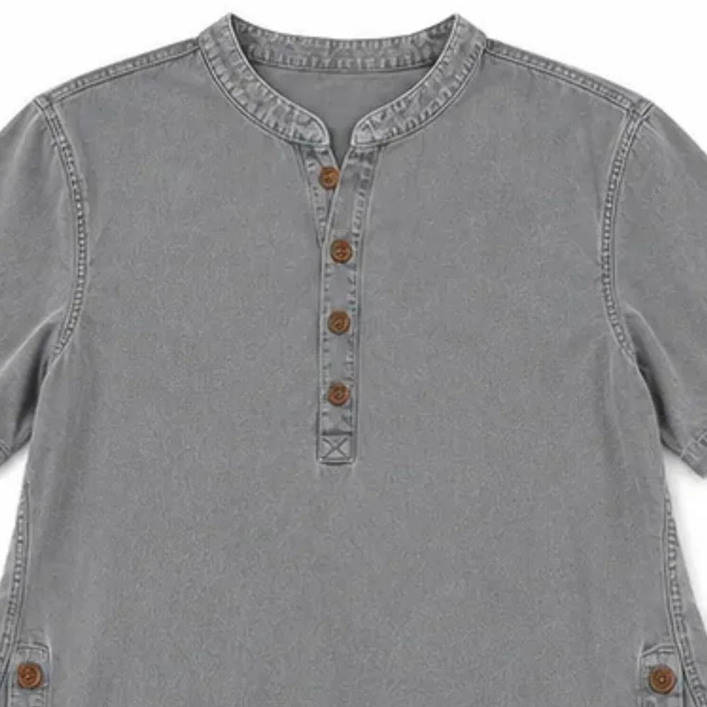 Gray Women's Henley Top — Nell Button-Front Mandarin Collar Tunic - Collar Closeup