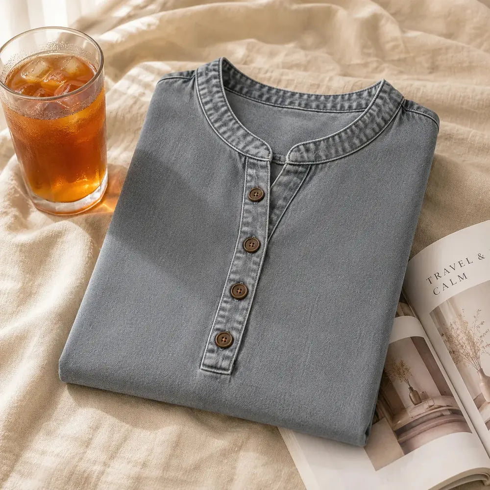Gray Women's Henley Top — Nell Button-Front Mandarin Collar Tunic - Flat Lay