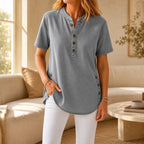 Gray Women's Henley Top — Nell Button-Front Mandarin Collar Tunic - Living Room