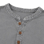 Gray Women's Henley Top — Nell Button-Front Mandarin Collar Tunic - Neckline Closeup