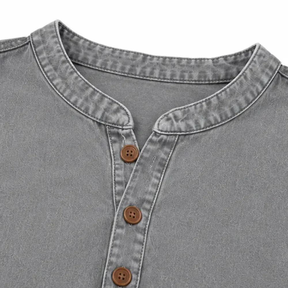 Gray Women's Henley Top — Nell Button-Front Mandarin Collar Tunic - Neckline Closeup