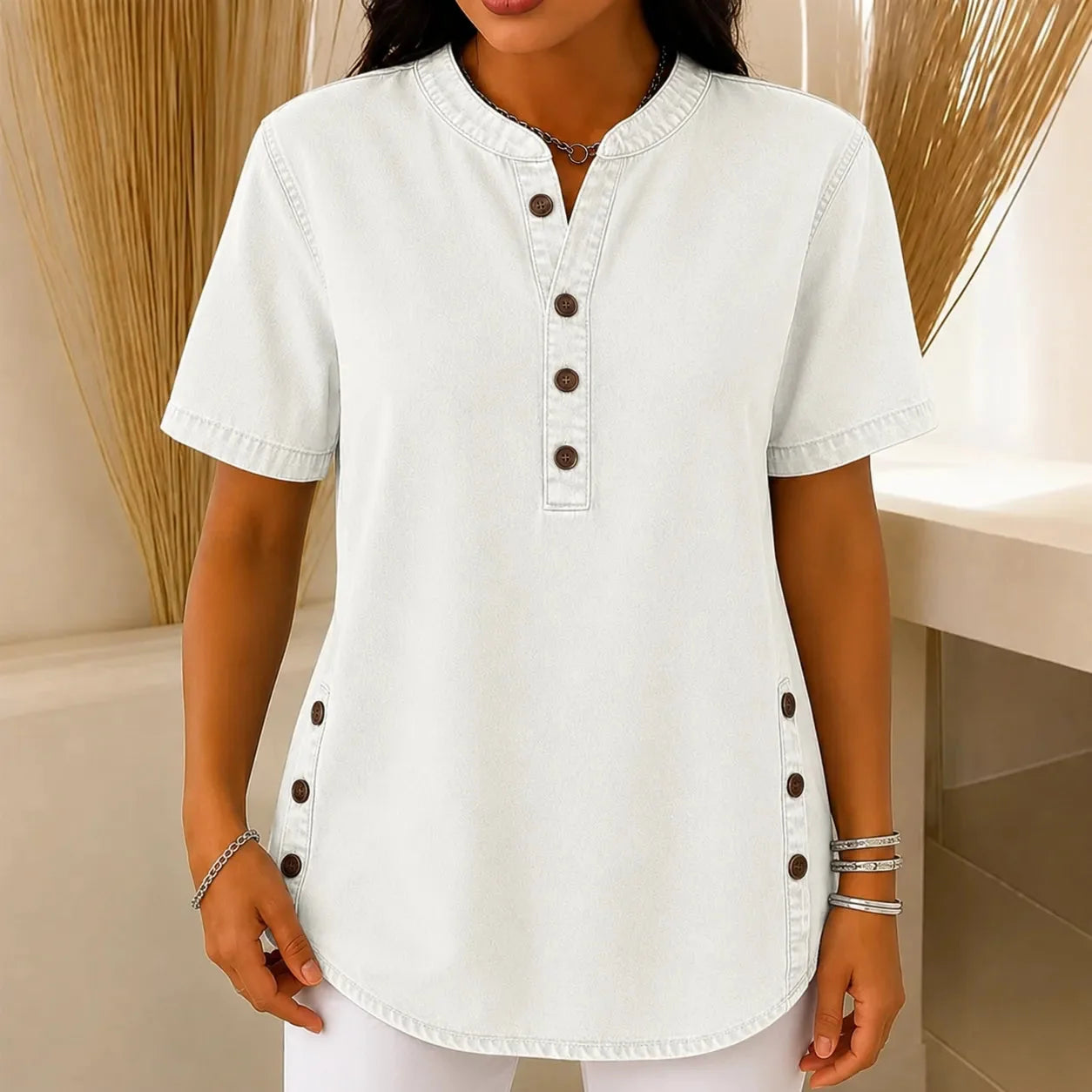 White Women's Henley Top — Nell Button-Front Mandarin Collar Tunic - Studio Light