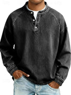 Black Men's Henley Knit Sweater with Retro Washed Finish & Mandarin Collar