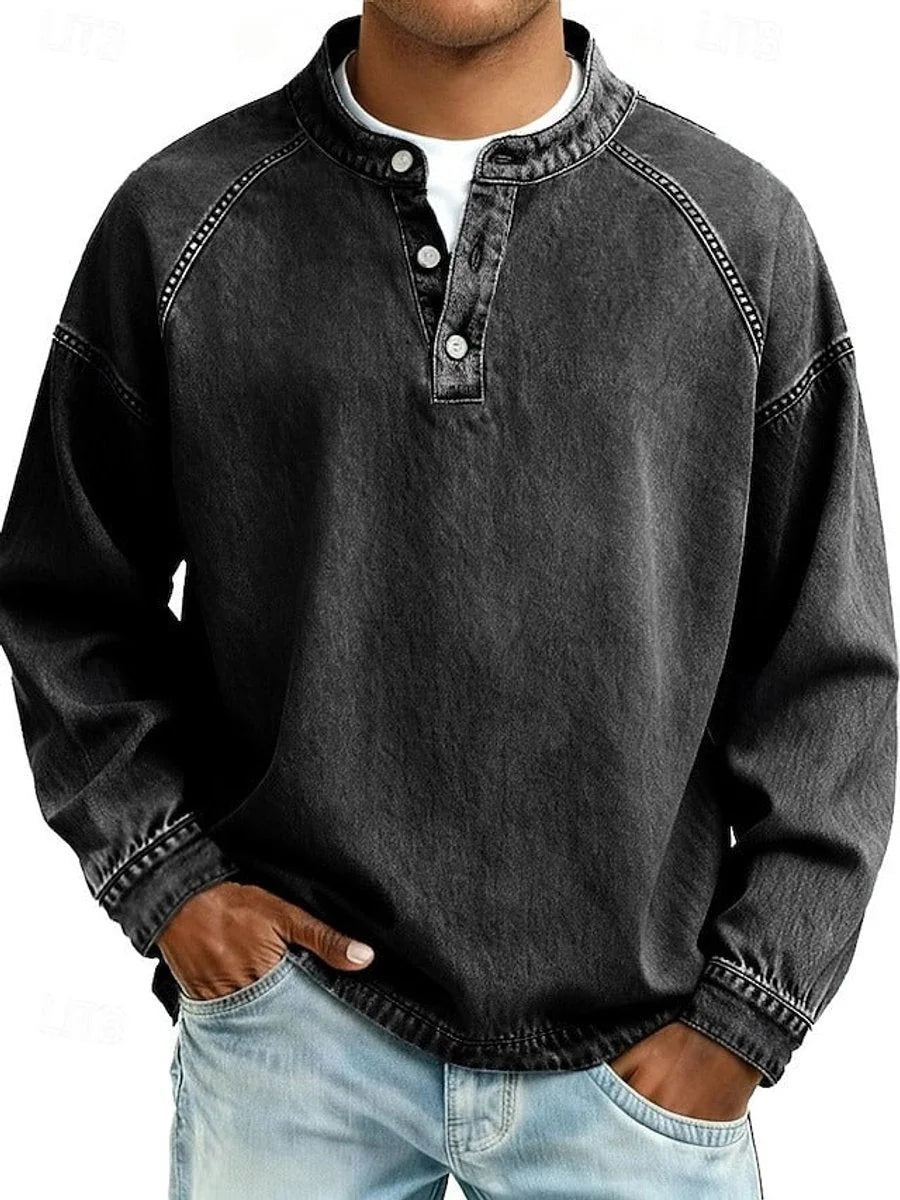 Black Men's Henley Knit Sweater with Retro Washed Finish & Mandarin Collar