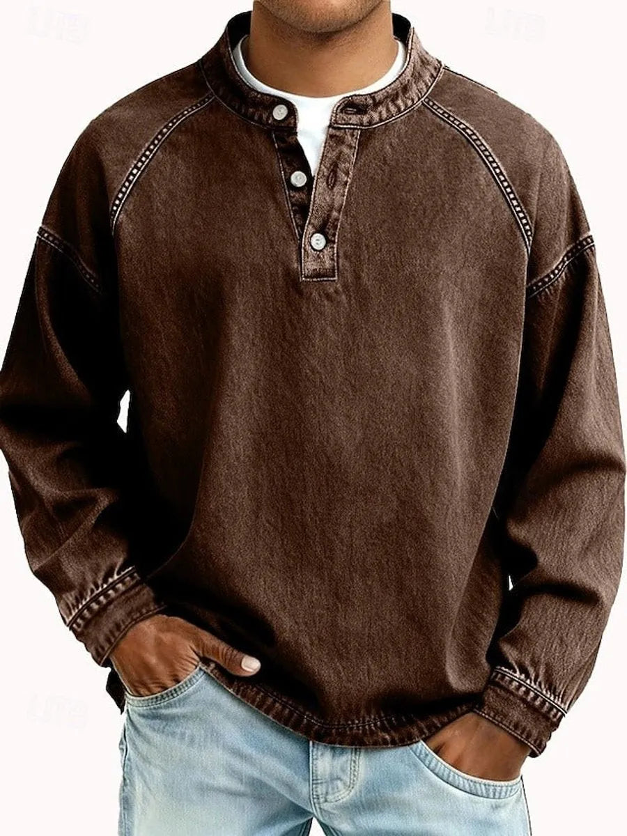 Brown Men's Henley Knit Sweater with Retro Washed Finish & Mandarin Collar