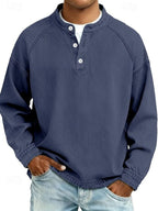 Dark Blue Men's Henley Knit Sweater with Retro Washed Finish & Mandarin Collar