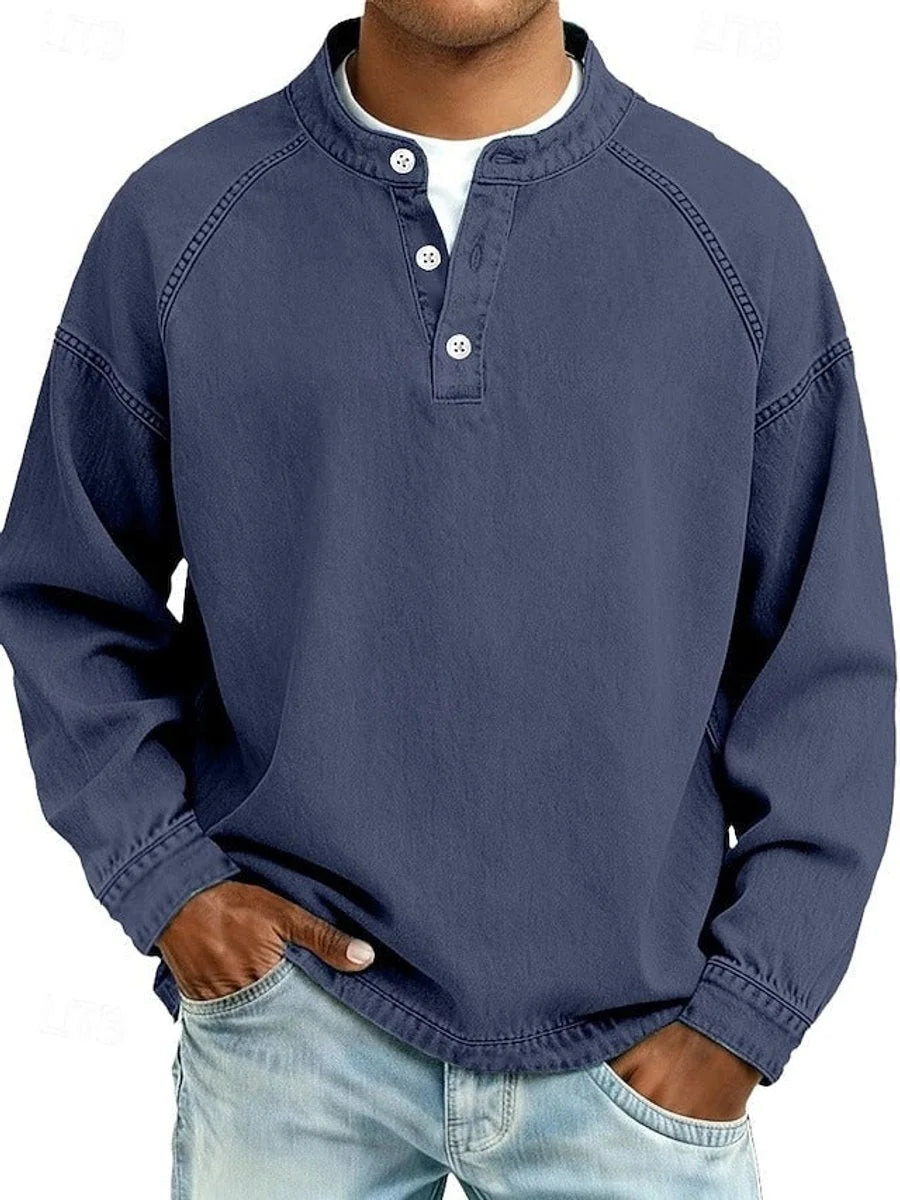 Dark Blue Men's Henley Knit Sweater with Retro Washed Finish & Mandarin Collar