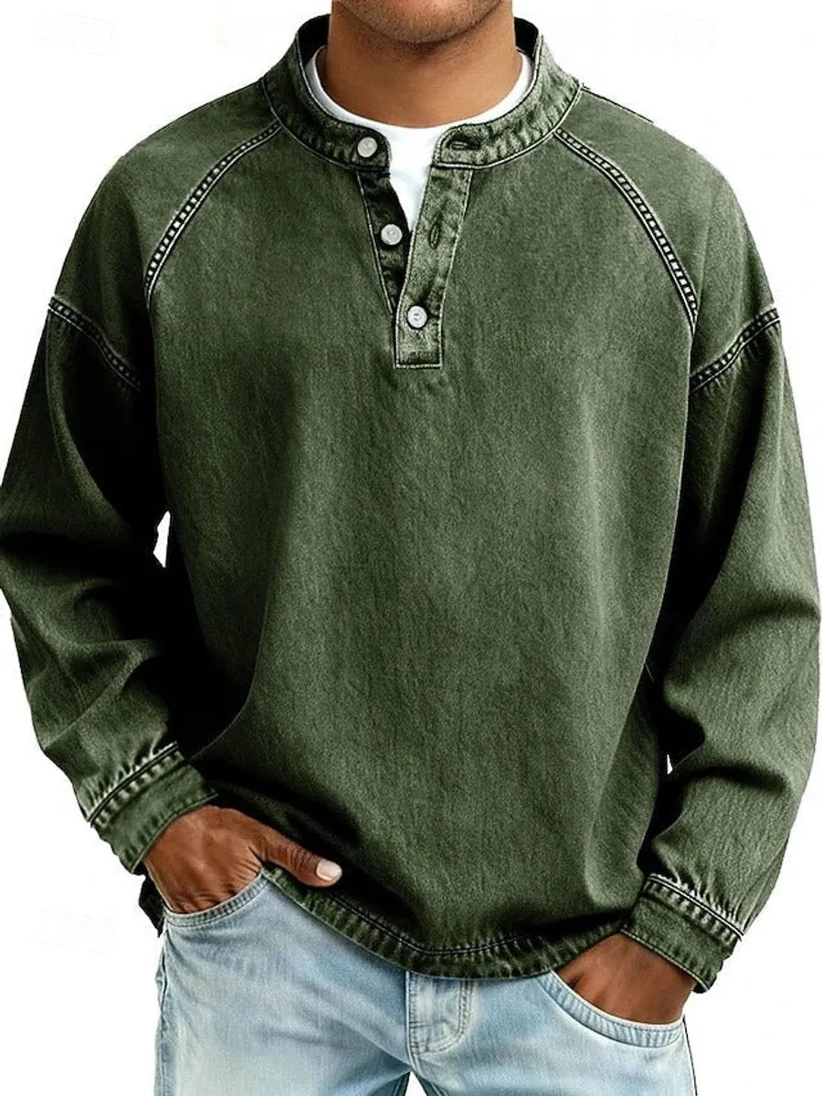 Dark Green Men's Henley Knit Sweater with Retro Washed Finish & Mandarin Collar