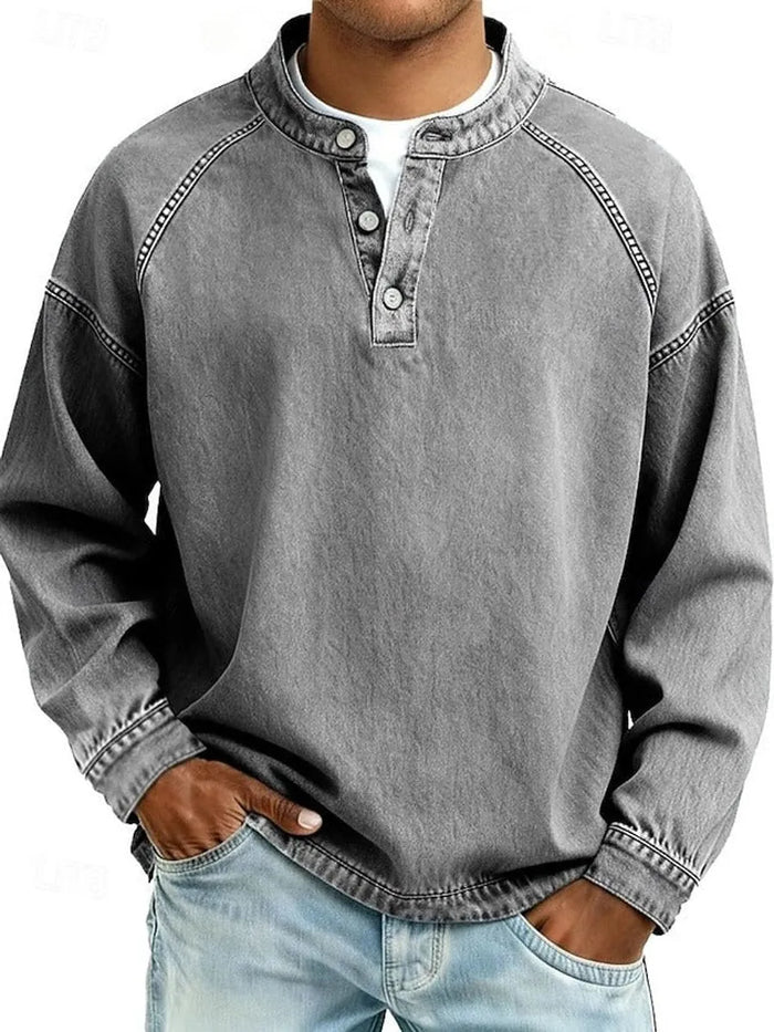 Grey Men's Henley Knit Sweater with Retro Washed Finish & Mandarin Collar