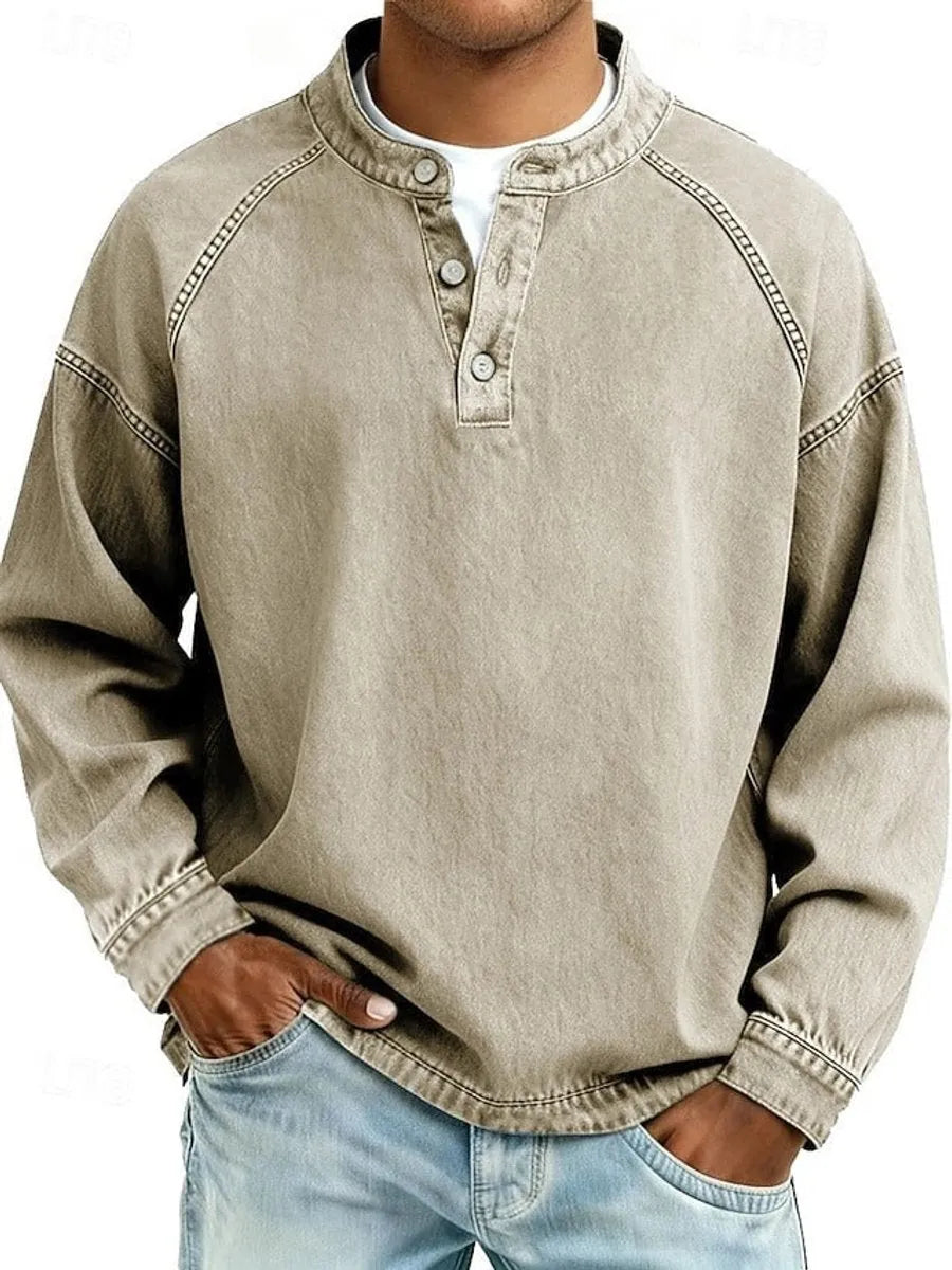 Khaki Men's Henley Knit Sweater with Retro Washed Finish & Mandarin Collar
