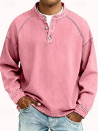 Pink Men's Henley Knit Sweater with Retro Washed Finish & Mandarin Collar