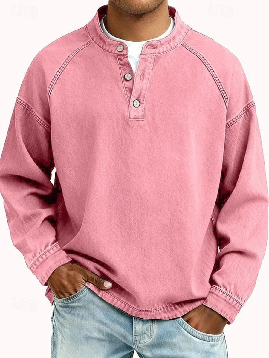 Pink Men's Henley Knit Sweater with Retro Washed Finish & Mandarin Collar