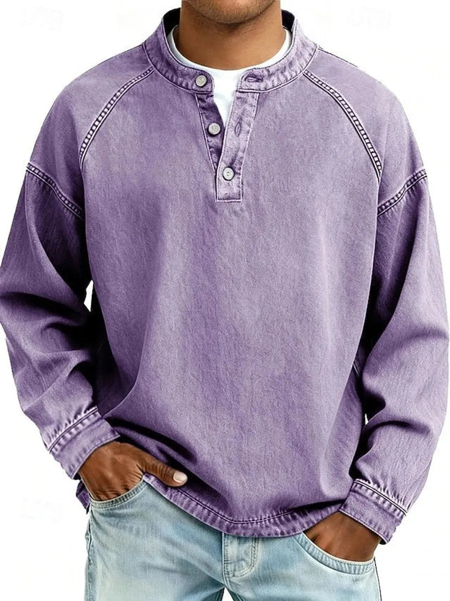 Purple Men's Henley Knit Sweater with Retro Washed Finish & Mandarin Collar