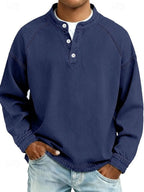 Royal Blue Men's Henley Knit Sweater with Retro Washed Finish & Mandarin Collar