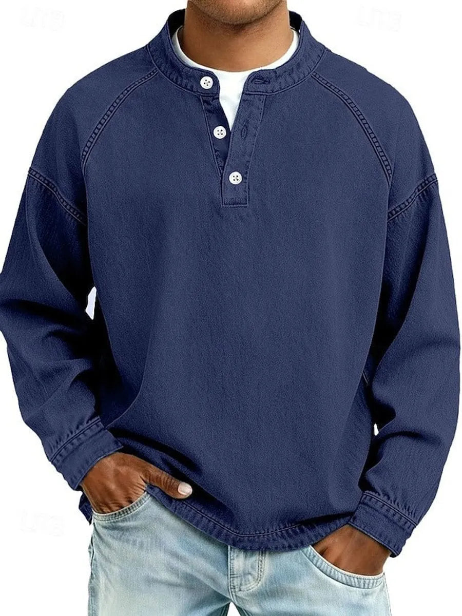 Royal Blue Men's Henley Knit Sweater with Retro Washed Finish & Mandarin Collar
