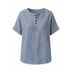 Blue Women's Striped Henley Top — Celia Relaxed-Fit Button-Placket Short Sleeve - Studio White Front Alt