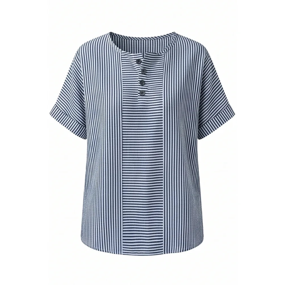Blue Women's Striped Henley Top — Celia Relaxed-Fit Button-Placket Short Sleeve - Studio White Front Alt