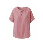 Red Women's Striped Henley Top — Celia Relaxed-Fit Button-Placket Short Sleeve - Studio White Front