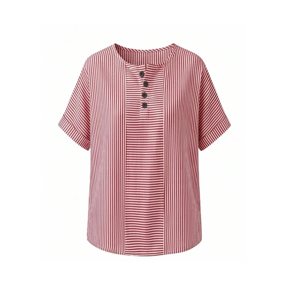 Red Women's Striped Henley Top — Celia Relaxed-Fit Button-Placket Short Sleeve - Studio White Front
