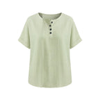 Sage Women's Striped Henley Top — Celia Relaxed-Fit Button-Placket Short Sleeve - Studio White Front