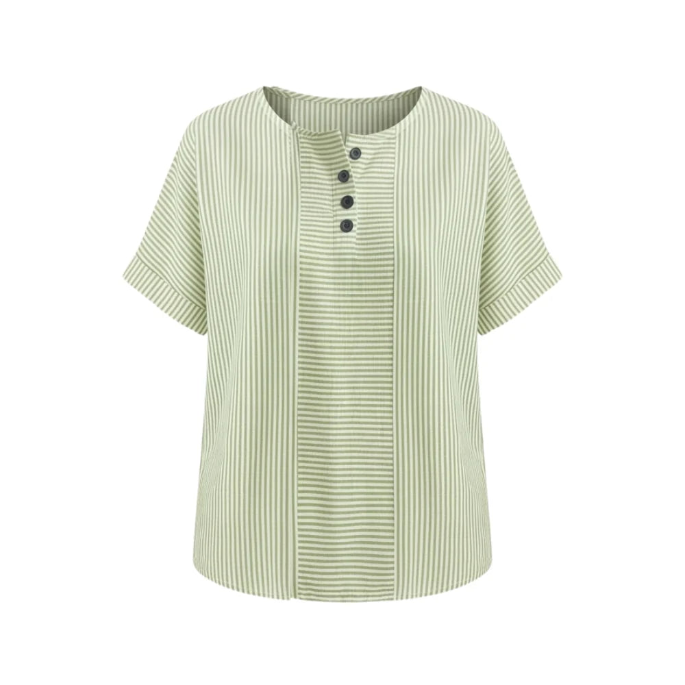 Sage Women's Striped Henley Top — Celia Relaxed-Fit Button-Placket Short Sleeve - Studio White Front
