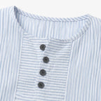 Sky Blue Women's Striped Henley Top — Celia Relaxed-Fit Button-Placket Short Sleeve - Close Up Button Detail
