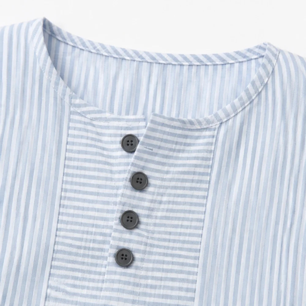 Sky Blue Women's Striped Henley Top — Celia Relaxed-Fit Button-Placket Short Sleeve - Close Up Button Detail