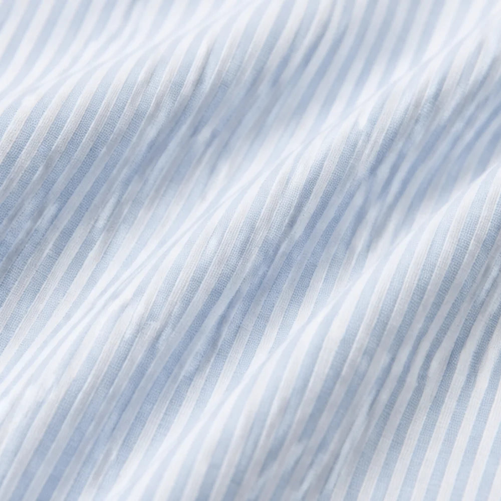 Sky Blue Women's Striped Henley Top — Celia Relaxed-Fit Button-Placket Short Sleeve - Fabric Texture Close Up