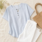 Sky Blue Women's Striped Henley Top — Celia Relaxed-Fit Button-Placket Short Sleeve - Flat Lay