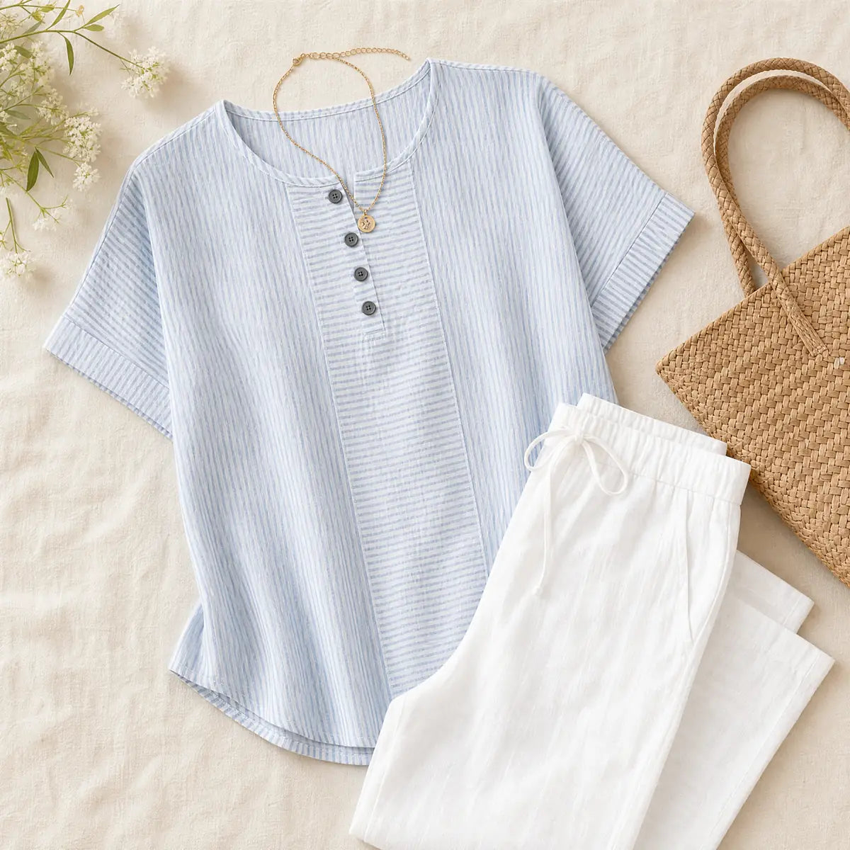 Sky Blue Women's Striped Henley Top — Celia Relaxed-Fit Button-Placket Short Sleeve - Flat Lay