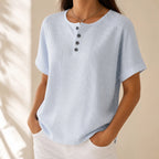 Sky Blue Women's Striped Henley Top — Celia Relaxed-Fit Button-Placket Short Sleeve - Front Close Neckline