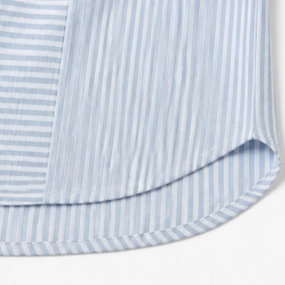 Sky Blue Women's Striped Henley Top — Celia Relaxed-Fit Button-Placket Short Sleeve - Hem Detail