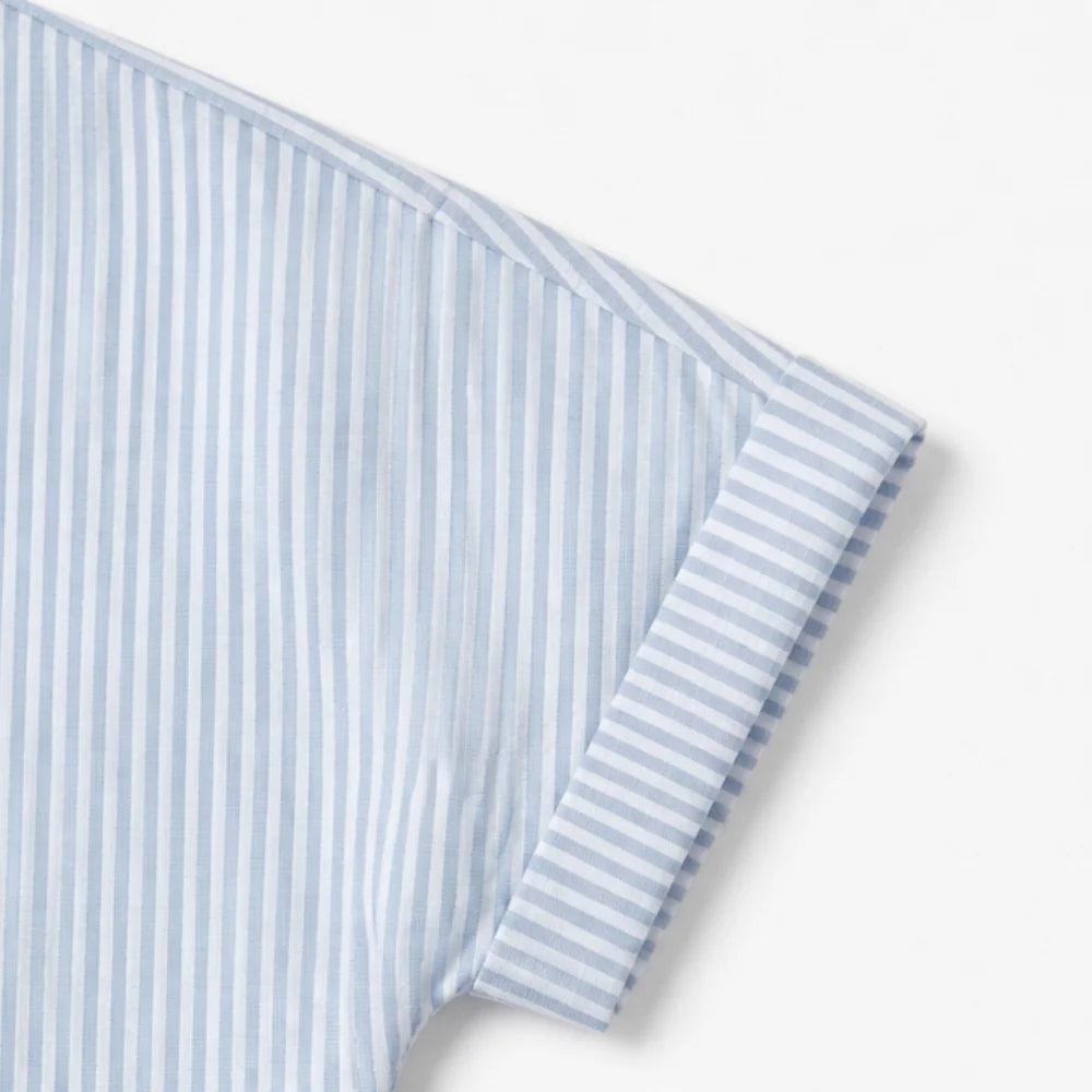 Sky Blue Women's Striped Henley Top — Celia Relaxed-Fit Button-Placket Short Sleeve - Sleeve Cuff Detail