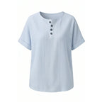 Sky Blue Women's Striped Henley Top — Celia Relaxed-Fit Button-Placket Short Sleeve - Studio White Front