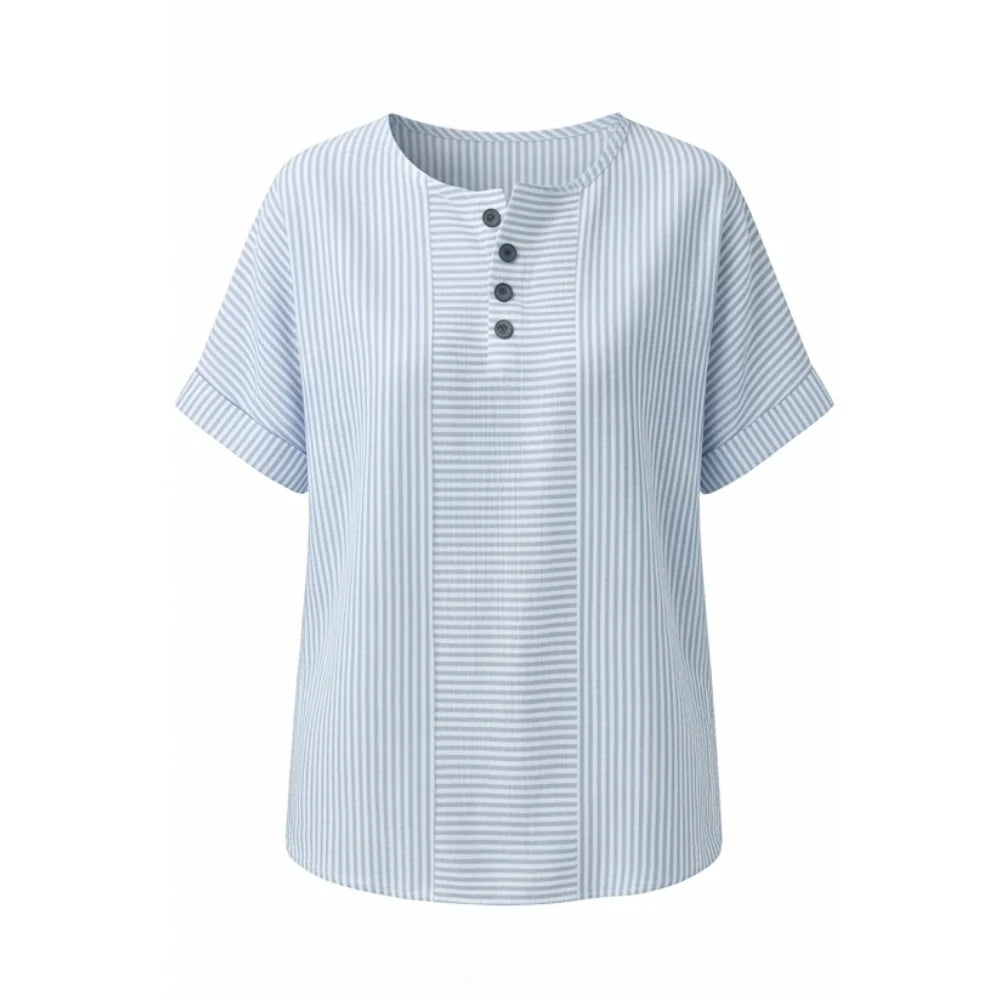 Sky Blue Women's Striped Henley Top — Celia Relaxed-Fit Button-Placket Short Sleeve - Studio White Front