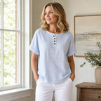 Sky Blue Women's Striped Henley Top — Celia Relaxed-Fit Button-Placket Short Sleeve - Worn Indoor Window