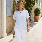 Sky Blue Women's Striped Henley Top — Celia Relaxed-Fit Button-Placket Short Sleeve - Worn Walking